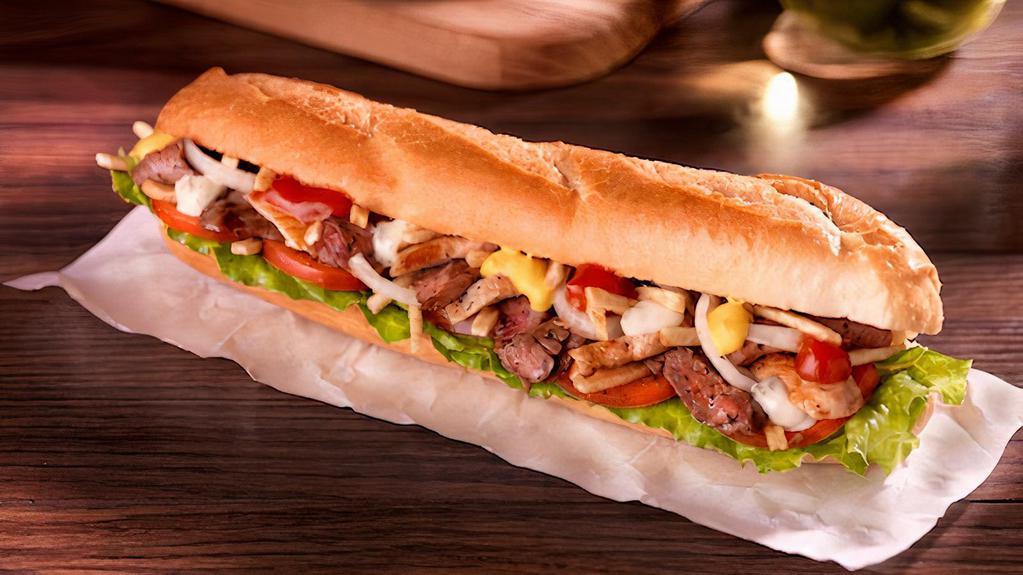 Pepito Chicken · Lettuce, onions, tomatoes, potato sticks, mustard, ketchup, and engy sauce on a baguette bread sub.
