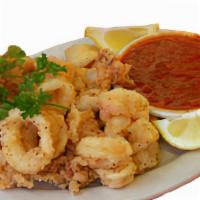 Fried Calamari · Tender calamari lightly breaded and fried served with a side of marinara sauce.