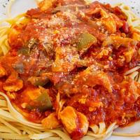 Chicken Cacciatore · Chicken breast with mushrooms, peppers and onions in a light marinara and wine sauce.