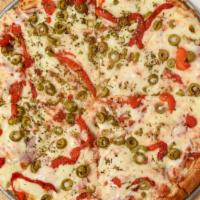 Traditional · Ham, pimentos (red peppers), green olives, mozzarella, chunky tomato sauce, and herb spiced ...