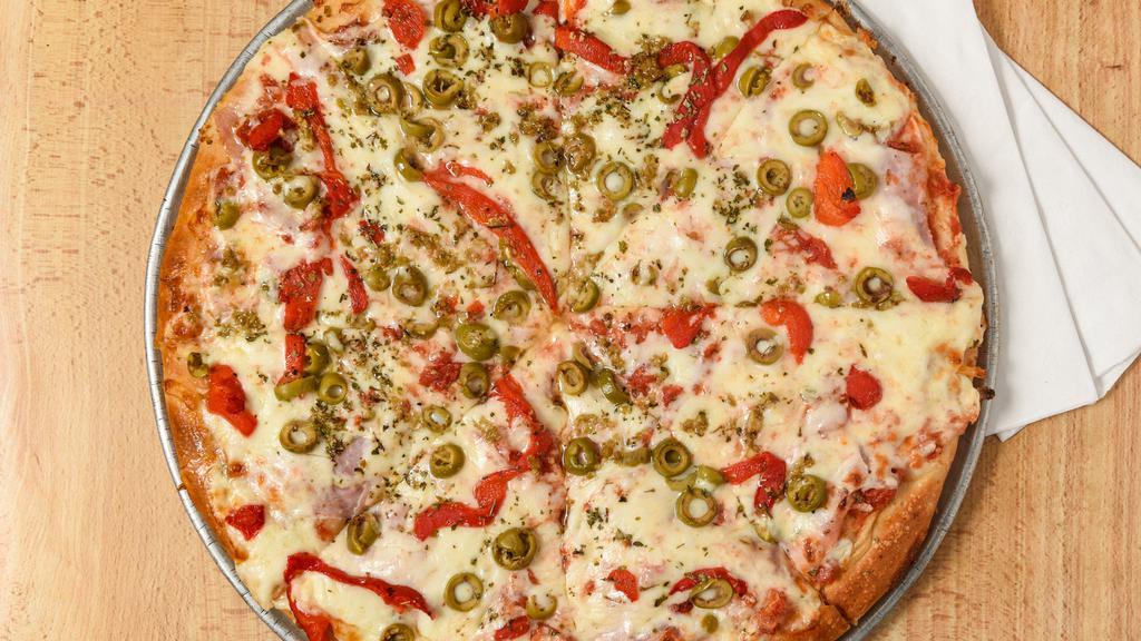 Traditional · Ham, pimentos (red peppers), green olives, mozzarella, chunky tomato sauce, and herb spiced olive oil.