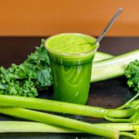 Green Juice · Lime, ginger, kale, celery, cucumber, green apple.