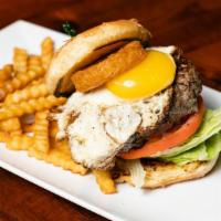 Fat Boy Burger · Onions, lettuce, tomato, fried egg and cheese.