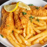 Fish & Chips · Cod fillets beer battered and fried on a bed of fries side of malt vinegar, tartar sauce and...