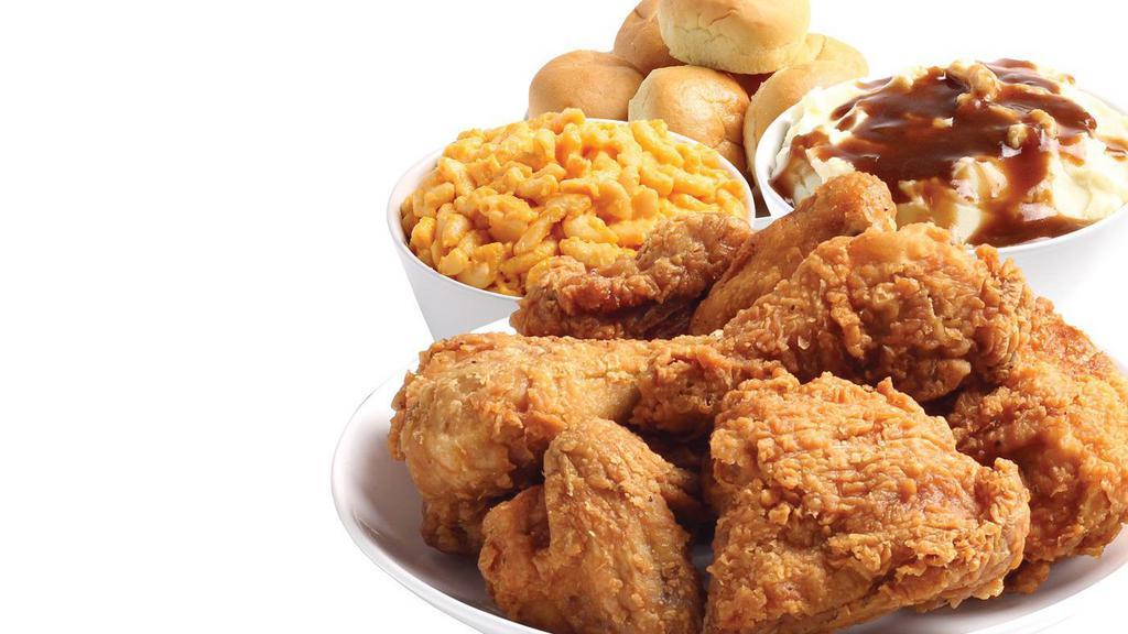 8 Piece Chicken Combo Meal · Hand Breaded Chicken, 2 wings, 2 thighs, 2 Breasts, 2 drumsticks served with your choice of 2 (16 oz sides) and 6 dinner rolls