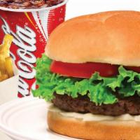 Super Burger Combo · Fresh Ground 1/3 pound burger on a hamburger bun with Lettuce, tomato, onion, pickles, mayo,...