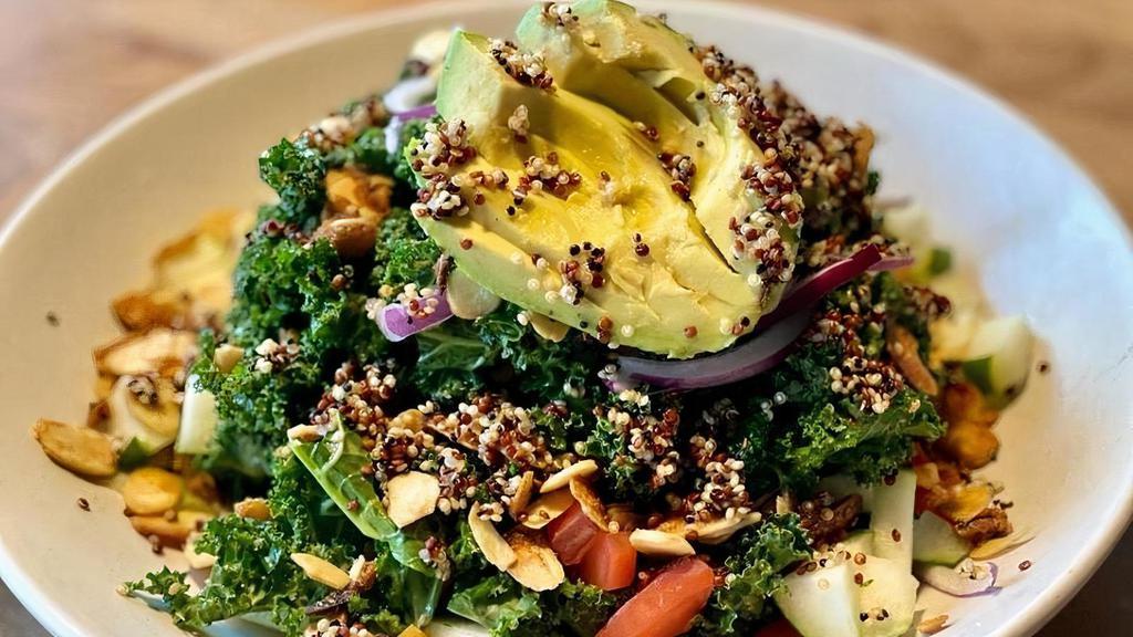 Kale Salad · Crispy kale, candied almonds, tomato, red onion, quinoa, avocado, cucumber, and house dressing.