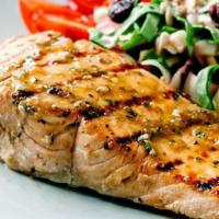 Grilled Salmon · Salmon filet 8oz. Served with mashed potato, jasmine rice, french fries, or house salad.