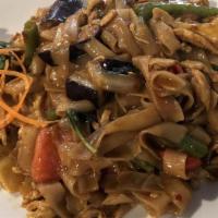 Drunken Noodle · Stir fry flat rice noodles, meat or veggies bell pepper, green beans, eggplant, cabbages, to...