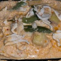 Red Curry · Meat or veggies, red curry sauce, coconut milk, pineapples, bell peppers, bamboo, eggplant, ...