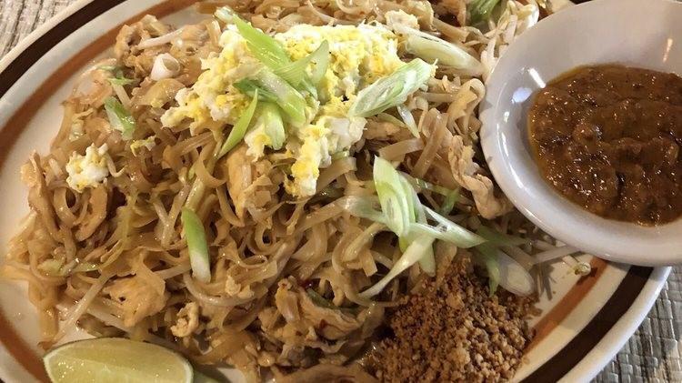 Kids' Pad Thai · Rice noodles choice of meat pad thai sauce egg bean sprouts cabbage green onion roast peanuts and lime on aside.