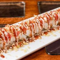 American Dream Roll · Shrimp katsu, eel, cream cheese, asparagus, scallion topped with masago, tuna tataki, tuna t...