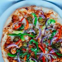 Tandoori Pizza: Chili Paneer · Crumbled Indian Cheese with Onion, Garlic, Ginger, Tomato and Mozzarella, Jalapenos, Red Oni...
