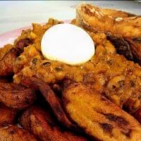 Red Red / Fried Plantain & Beans · Fried plantain with beans, gari, and fish.