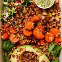 Summer Salad · super greens, bean salad, zucchini salad, sesame slaw, ½ avocado, crunchies, turmeric-ginger