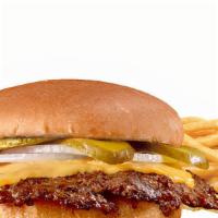 Single 'N Cheese Steakburger 'N Fries · American cheese, lettuce, tomato, pickles, onions, mayo, and Heinz® ketchup.