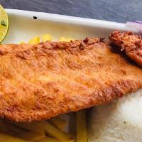 Pescado Frito · Fried fish fillet. Served with white rice and French fries.