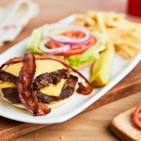 Brusco'S All-American Burger · Two smashball patties, two slices American cheese, topped with lettuce, red onion, pickle ch...