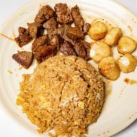 Filet & Scallop · Steak cooked with garlic butter and Scallops cooked with teriyaki sauce served with rice (fr...