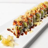 Super Crunch Roll* · Shrimp tempura, avocado and cucumber inside and topped with smoked salmon, tempura flakes, a...