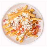 Greek Fries · Fresh cut fries topped with grilled onions, tomatoes & feta cheese