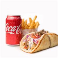 Mixed Grill Pita Combo · Selection of gyro meat and grilled chicken, tomato, red onion, and tzatziki on pita with cho...