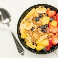 Froots Bowl · Acai  blend- topped with blueberry,strawberry, bananas, granola, and honey.