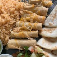 #13 Sampler Platter Combo · Most Popular. Mini cheese quesadillas, rolled beef taquitos, and bean tostadas, topped with ...