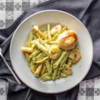 Pesto Shrimp Pasta · Fresh gulf shrimp sautéed and tossed with whole wheat penne pasta and our creamy pesto sauce.