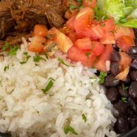 Bowl De Ropa Vieja · Includes Side of Soup. *One (1) Base / Two (2) Side / Two (2) Toppings / One (1) Sauce