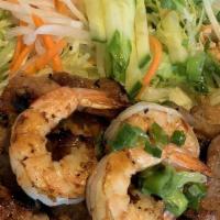 Bbq Pork & Shrimp Vermicelli / Bún Tôm Thịt Nướng · Grilled Pork Shoulder, shrimp, rice vermicelli, lettuce, cilantro, mint leaves and bean spro...