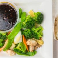 Mixed Vegetables Lunch Special · Served with choice of roast pork fried rice or roast pork lo mein.