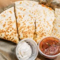 Buffalo Quesadilla · fried or grilled buffalo chicken with cheese, black beans, & bleu cheese crumbles