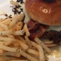 Bacon Cheeseburger · Toasted buttered bun, American cheese, applewood bacon, pickles, shredded lettuce, sliced to...