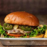 Firecracker · BLACKENED CERTIFIED ANGUS BEEF STEAKBURGER + MELTED PEPPER JACK CHEESE + GRILLED ONIONS + GR...