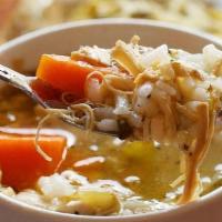 Chicken & Rice · Homemade chicken soup, like mom used to make, with a generous helping of chicken, carrots an...