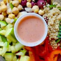Chickpea Quinoa Protein Bowl · Our protein bowls are sure to fill you up! Just pour on the dressing, close the lid and give...