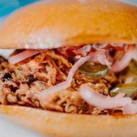 Huff And I'Ll Puff · pulled pork, spicy bbq, pickled onions and jalapenos