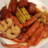 Seafood Plate (Small) · Snow crab, medium shrimp, crawfish with corn and potato.