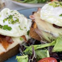 Open Face Breakfast Sandwich · Brioche bread, ham, Swiss, fried eggs, bacon and aioli.