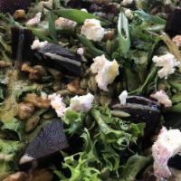 Beet · Mixed greens, beets, goat cheese, pumpkin seeds, walnuts, honey tahini vinaigrette.