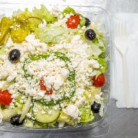 Greek Salad · Romaine lettuce/iceberg lettuce, tomatoes, onions, cucumber, green peppers, black olives, pe...