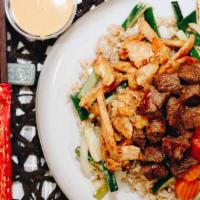 Choose Two Hibachi · Grilled to perfection in our tasty homemade teriyaki sauce. Served over a bed of fried rice ...