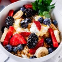 The Greek Bowl · Greek Yogurt topped with Crunchy Nuts, Apple slices, Blueberries and Honey Drizzle