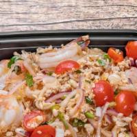 Yum Wunsen “Spicy Glass Noodles” · Glass noodles, shrimp, ground chicken, tomatoes, red onions, green onions, and cilantro mixe...