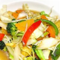 Veggie Lover · Sautéed mixed vegetables, ginger, glass noodles, onions and mushrooms.