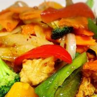 Mango Lover · Sautéed fresh mango, bell peppers, carrots, onions, broccoli in a homemade roasted chili man...