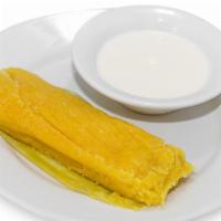 Sweet Corn Tamale · Sweet corn tamale + crema or cuajada(fresh cheese)