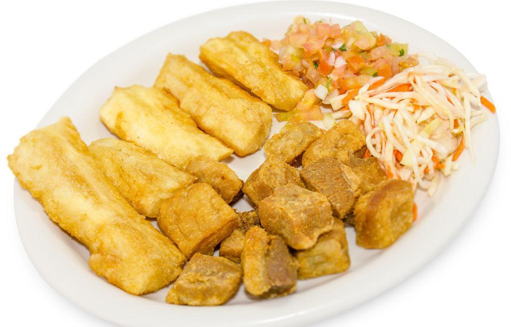 Cassava With Fried Pork Belly · Boiled or Fried cassava + fried pork belly + cabbage salad + pico de gallo