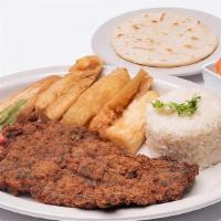 Milanesa De Carne (Breaded Meat) · breaded meat served with 2 side orders and 1 tortilla.